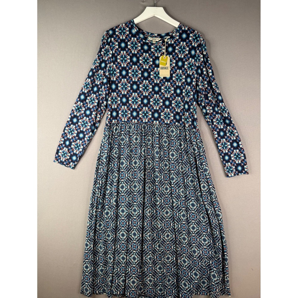 FatFace Fia Batik Geo Jersey Midi Dress Womens US 14 Indigo Blue Long Sleeve NWT